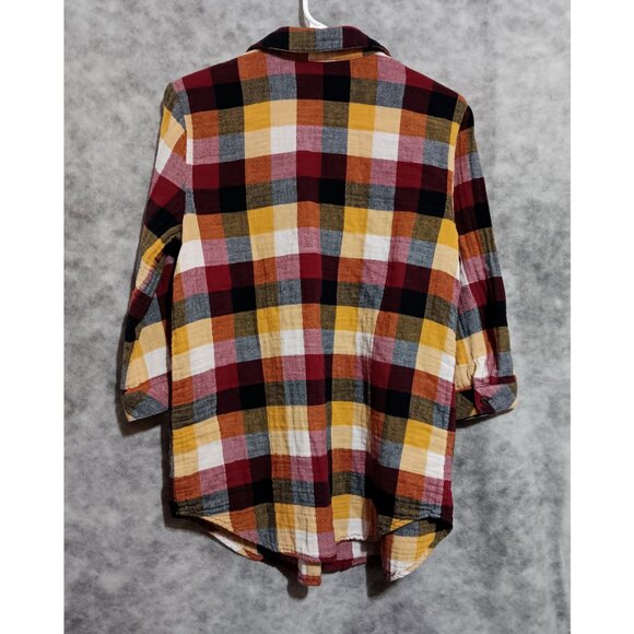 Christopher & Banks 100% Cotton Blouse Shirt Sz M plaid red gold black soft - Picture 2 of 2